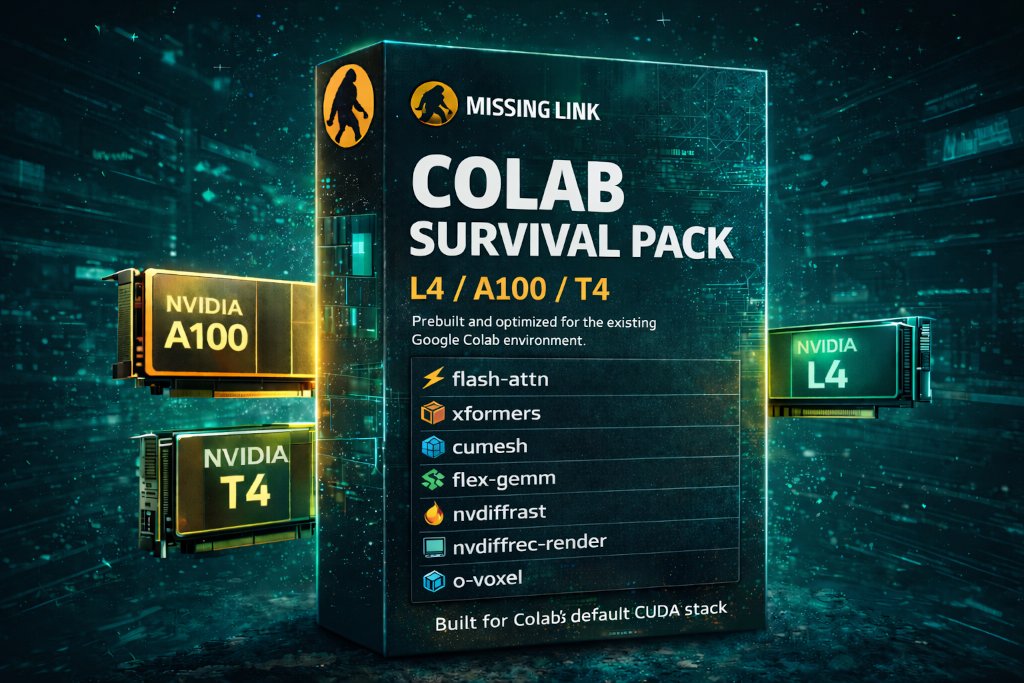 Colab Survival Pack — prebuilt flash-attn, xformers, nvdiffrast, cumesh, flex-gemm wheels for Google Colab A100, L4, T4