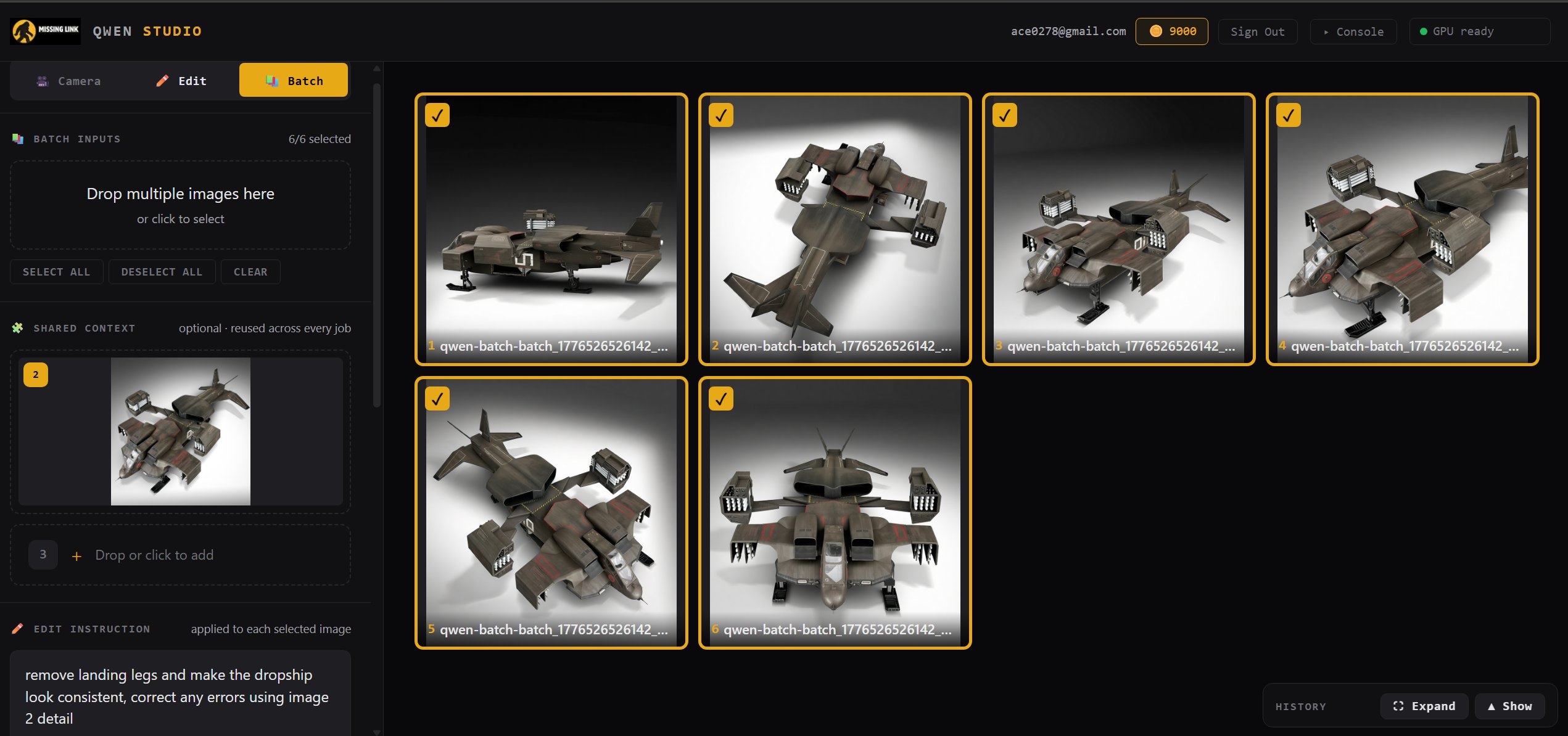 Image Studio batch mode — six dropship images selected with a shared context image and single edit instruction applied across all of them