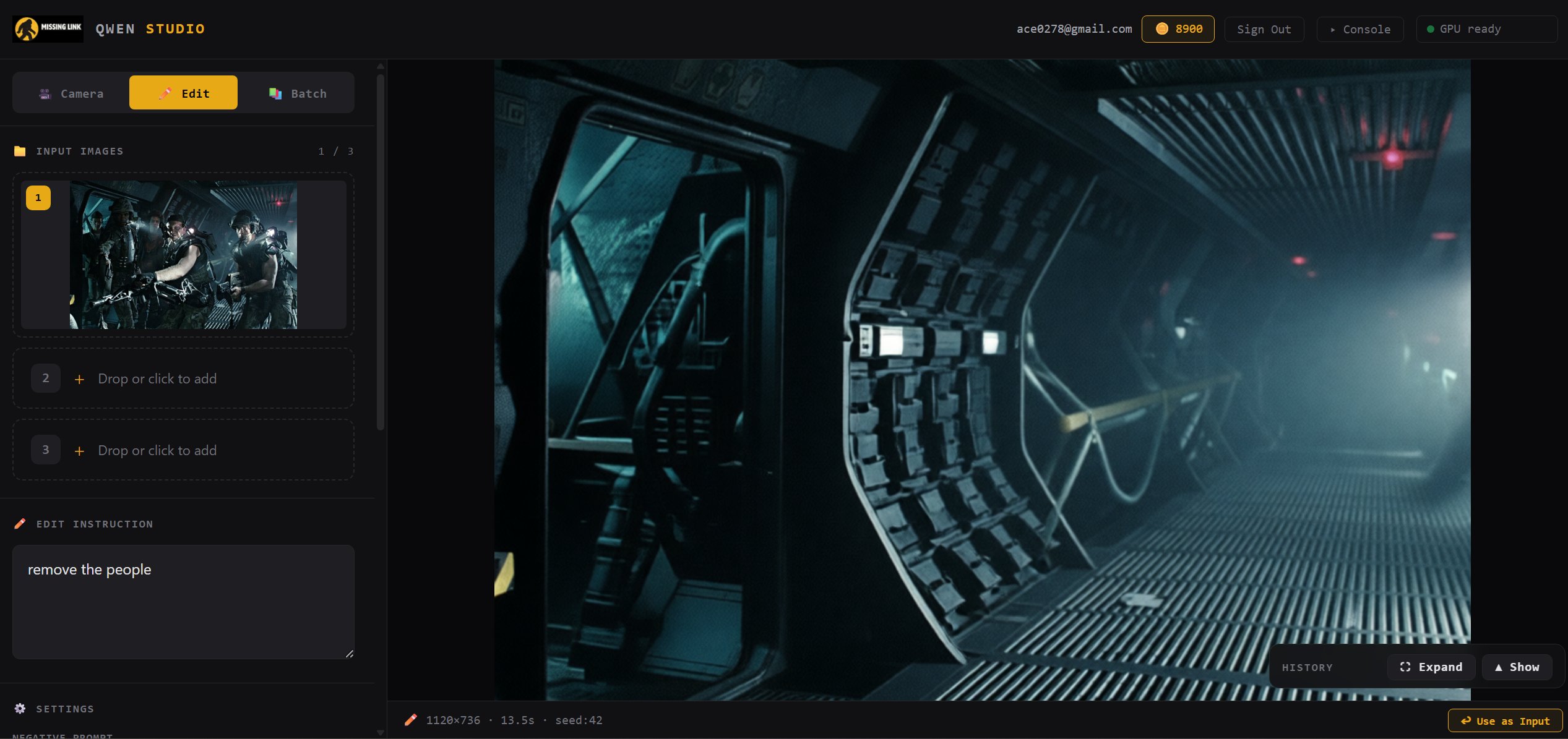 Image Studio edit mode — natural-language instruction 'remove the people' transforming a scene of soldiers into an empty corridor